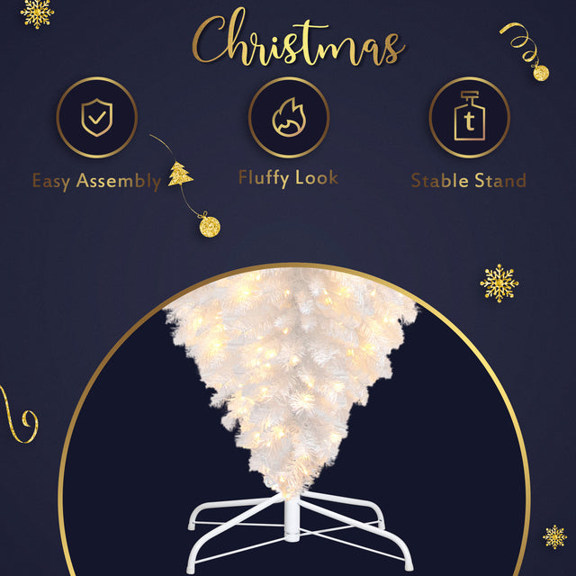 Upside Down White Christmas Tree, Xmas Tree with LED Warm White Lights, Reinforced Metal Base & Easy Assembly 6.6ft, w/1,200 Lush Branch Tips, 450 LED Lights X-mas