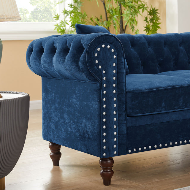 MH 80" Deep Button Tufted Upholstered Roll Arm Luxury Classic Chesterfield L-shaped Sofa 3 Pillows Included, Solid Wood Gourd Legs, Blue velvet