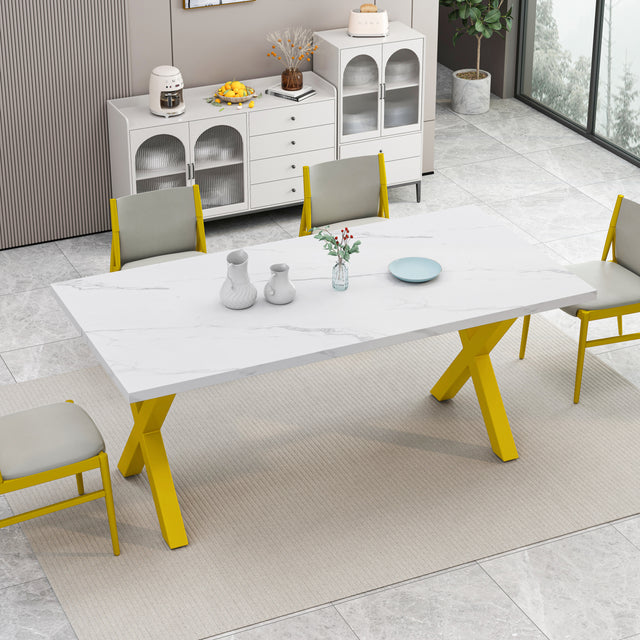 70.87"Modern Square Dining Table with Printed White Marble Table Top+Gold X-Shape Table Leg