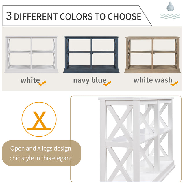 TREXM Console Table with 3-Tier Open Storage Spaces and "X" Legs, Narrow Sofa Entry Table for Living Room (White)