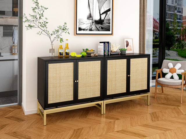 2 Door Cabinet, Natural Rattan 2 Door high cabinet, Built-in adjustable shelf, Easy Assembly, Free Standing Cabinet for Living Room Bedroom, Hallway