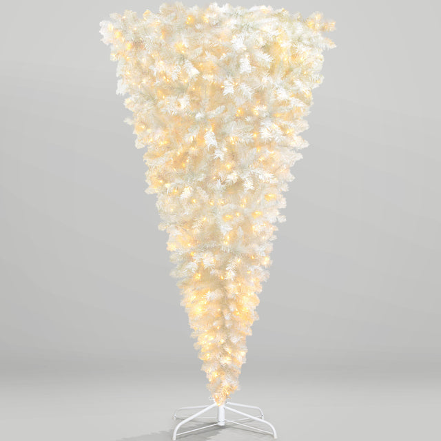 Upside Down White Christmas Tree, Xmas Tree with LED Warm White Lights, Reinforced Metal Base & Easy Assembly 6.6ft, w/1,200 Lush Branch Tips, 450 LED Lights X-mas