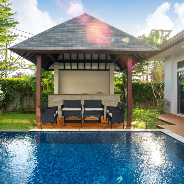 Patio outdoor rattan furniture -4 piece loveseat +2 armchair+coffie table for garden 4 PC Garden Patio Furniture ---------White cushion