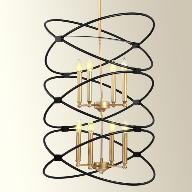 【Video】Transitional Gold/Matte Black Metal Chandelier Fixture,8 lights ,2-Tier-Candle Ceiling Light for Living Room, Bedroom, Dining Room,Dimmable,E12,W23.6*H55