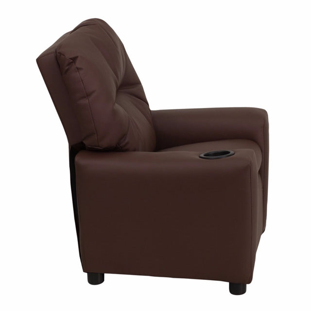 Contemporary Brown Leather Kids Recliner with Cup Holder