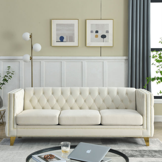 {Contact us for 3D modeling} Velvet Sofa for Living Room,Buttons Tufted Square Arm Couch, Modern Couch Upholstered Button and Metal Legs, Sofa Couch for Bedroom, Beige Velvet