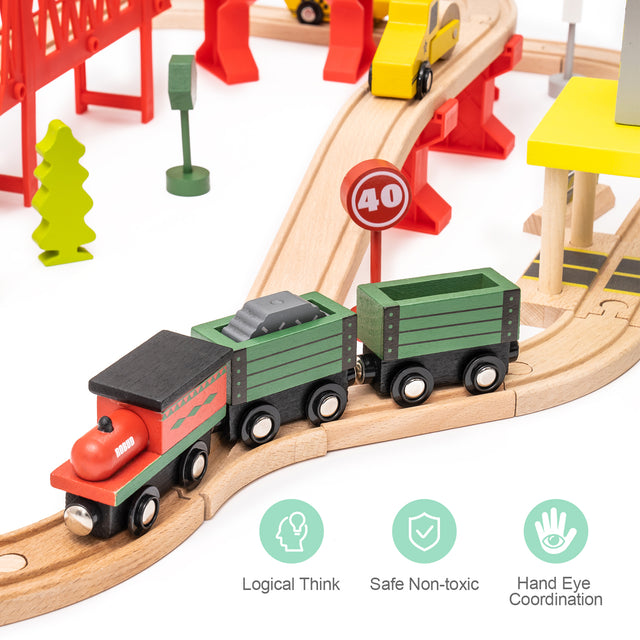 Wooden Train Set Wooden Train Track Set with Magnetic Trains Bridge Ramp Toy Train Set for Kids