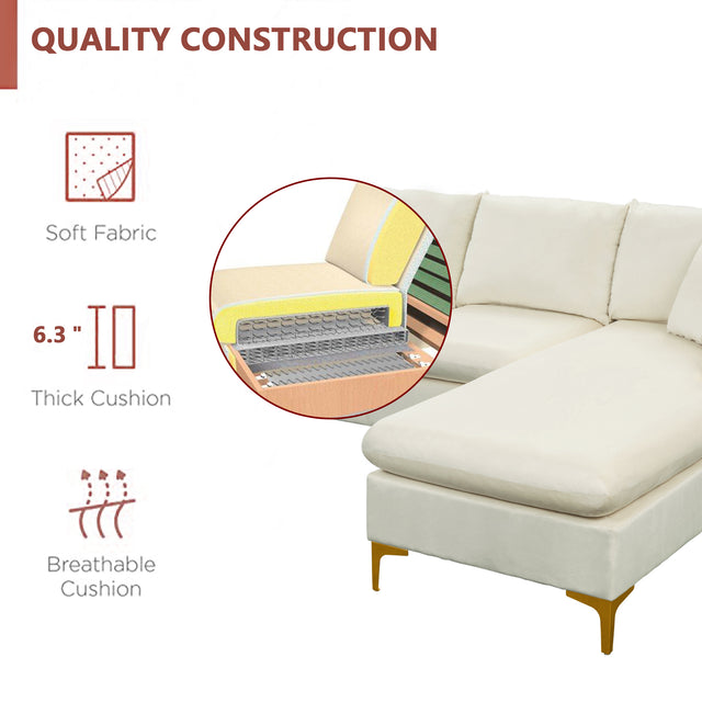 【EAT 3.10】110.6" Sectional Sofa with Ottoman, L-Shape Elegant Velvet Upholstered Couch with 2 Pillows for Living Room Apartment,Cream White