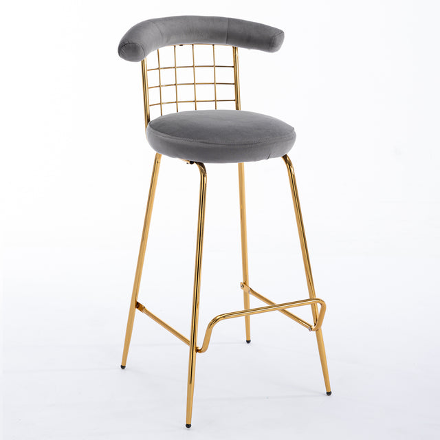 Bar Stool Set of 2, Luxury Velvet High Bar Stool with Metal Legs and Soft Back, Pub Stool Chairs Armless Modern Kitchen High Dining Chairs with Metal Legs, Grey