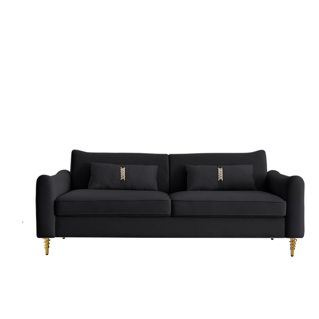 80.3" Modern Sofa Couch Upholstered Sofa Tufted Back Comfy Velvet Long Couch with 2 Pillows and Golden Legs for Living Room, Bedroom, Office, Apartment, Black