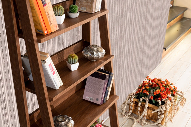 Furnish Home Store Otavio 5 Tier Modern Ladder Bookshelf Organizers, Wood Frame Bookshelf for Small Spaces in Your Living Rooms, Office Furniture Bookcase, Walnut