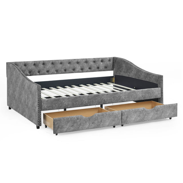 Full Size Daybed with Drawers Upholstered Tufted Sofa Bed, with Button on Back and Copper Nail on Waved Shape Arms,Grey(80.5“x55.5”x27.5“)
