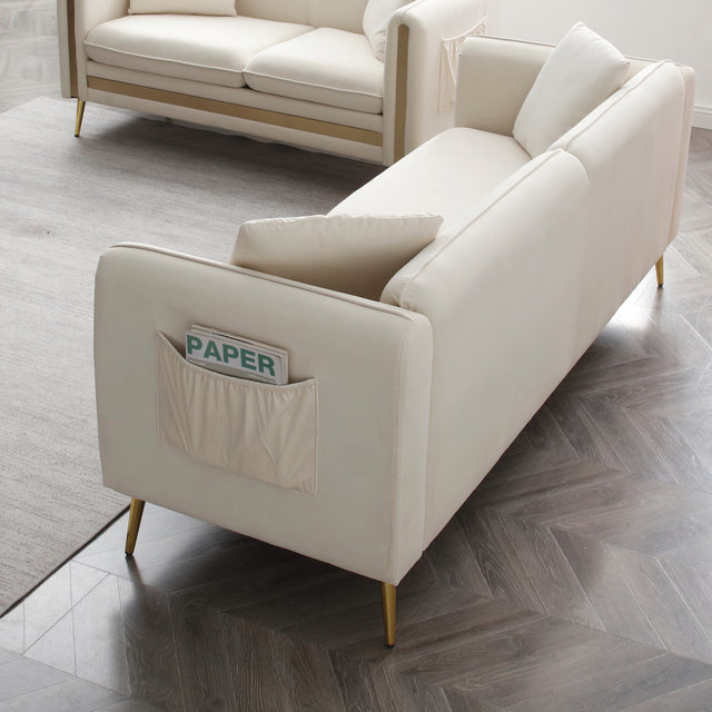 59” Modern Upholstered Velvet Loveseat Sofa 2 Seater Couch with Removable Cushions Side Pocket Mid-Century Tufted Living Room Set Gold Metal Legs,2 Pillows Included,Beige