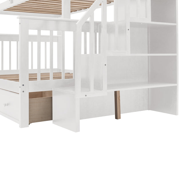 Stairway Twin-Over-Full Bunk Bed with Drawer, Storage and Guard Rail for Bedroom, Dorm, for Adults, White color(OLD SKU :LP000219AAK)