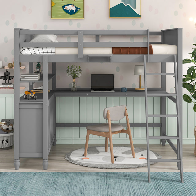 Full size Loft Bed with Drawers and Desk, Wooden Loft Bed with Shelves - Gray(OLD SKU:LT000529AAE)