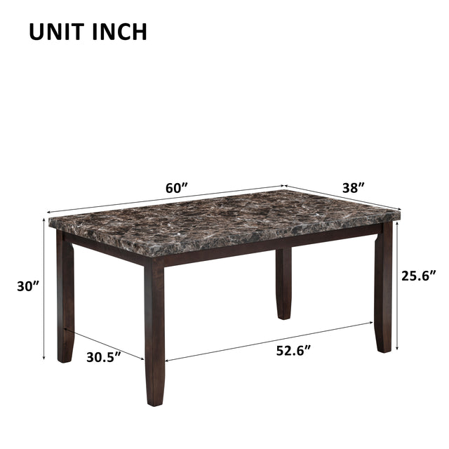 6-piece Faux Marble Dining Table Set with one Faux Marble Dining Table ,4 Chairs and 1 Bench, Table: 60”x38”x 30”,Chair: 20.2”x28.5”x39”, Black