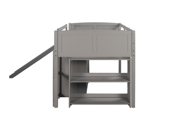 Low Twin Size Loft Bed with Cabinets, Shelves and Slide - Gray(OLD SKU :LP000503AAE)