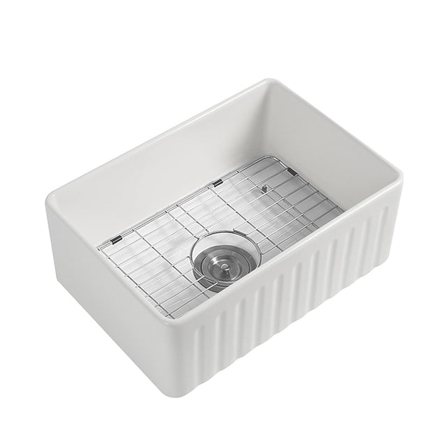 Fireclay 30" L X 18" W Farmhouse Kitchen Sink with Grid and Strainer