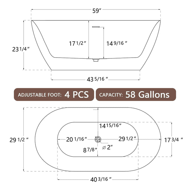59" Acrylic Free Standing Tub - Classic Oval Shape Soaking Tub, Adjustable Freestanding Bathtub with Integrated Slotted Overflow and Chrome Pop-up Drain Anti-clogging Gloss White