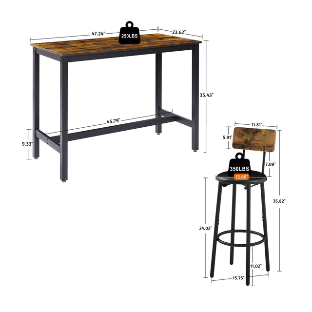 Bar Table Set with 4 Bar stools PU Soft seat with backrest, Rustic Brown, 47.24'' L x 23.62'' W x 35.43'' H.