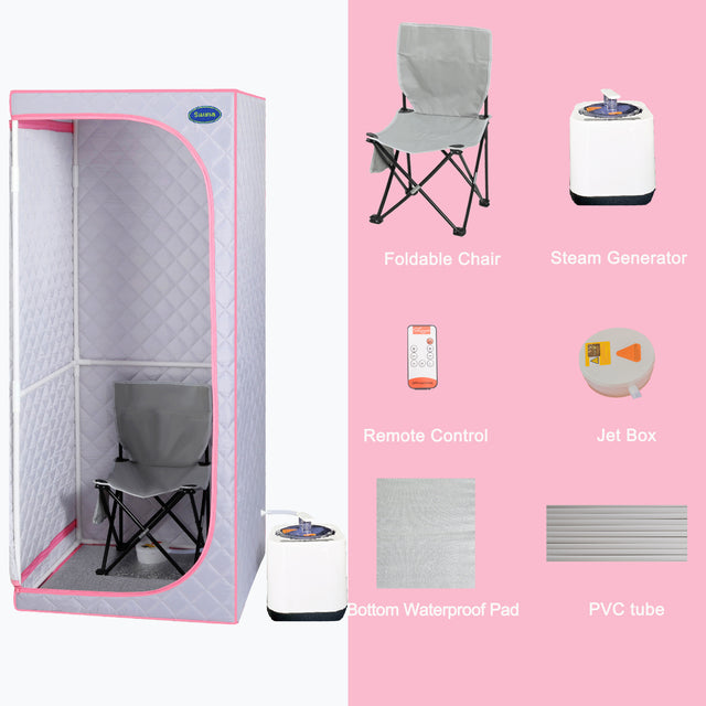Full Size Portable Grey Steam Sauna tent–Personal Home Spa, with Steam Generator, Remote Control, Foldable Chair, Timer and PVC Pipe Connector Easy to Install.Fast heating, with FCC Certification