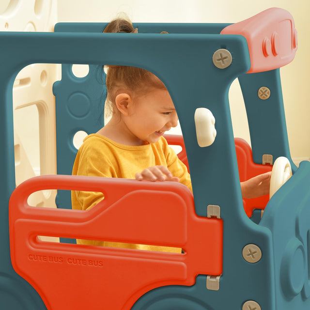 Kids Slide Playset Structure 9 in 1, Freestanding Castle Climbing Crawling Playhouse with Slide, Arch Tunnel, Ring Toss, Realistic Bus Model and Basketball Hoop, Toy Storage Organizer for Toddlers