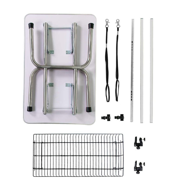 NEW HIGH QUALITY FOLDING PET GROOMING TABLE STAINLESS LEGS AND ARMS BLUE RUBBER TOP STORAGE BASKET