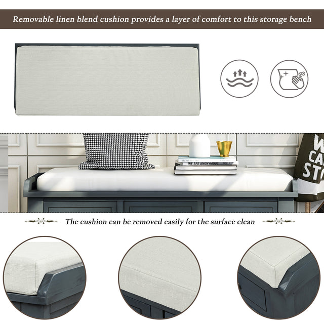 TREXM Rustic Storage Bench with 3 Drawers and 3 Rattan Baskets, Shoe Bench for Living Room, Entryway (Antique Navy)