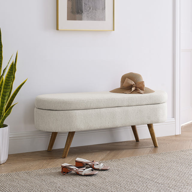 Ottoman Oval Storage Bench, Rubber Wood Legs, Beige(43.5“x16”x16“)