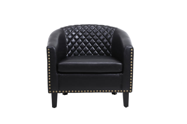 COOLMORE accent Barrel chair living room chair with nailheads and solid wood legs Black pu leather