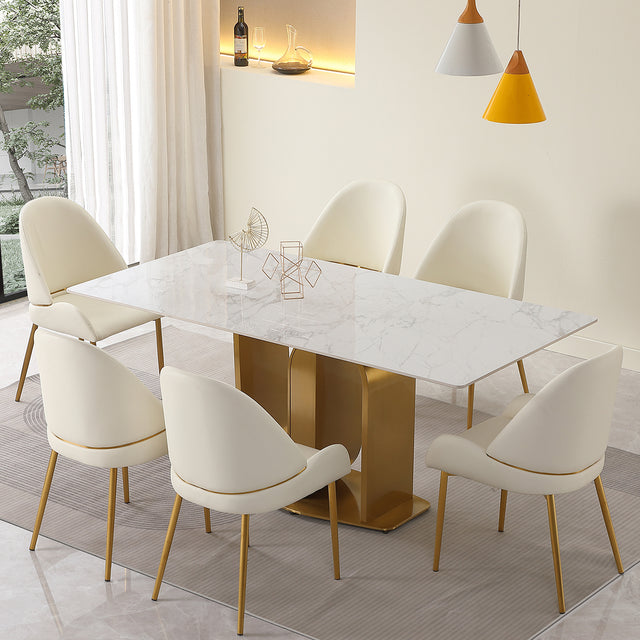 71" Contemporary Dining Table in Gold with Sintered Stone Top and U shape Pedestal Base in Gold finish with 6 pcs Chairs .