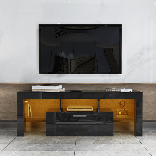 20 minutes quick assemble,Black morden TV Stand with LED Lights,high glossy front TV Cabinet,can be assembled in Lounge Room, Living Room or Bedroom,color:BLACK