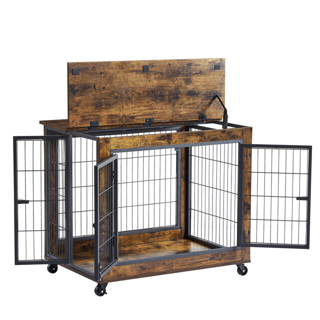 JHX Furniture Dog Cage Crate with Double Doors on Casters(Rustic Brown,31.50''W*22.05''D*24.8''H)
