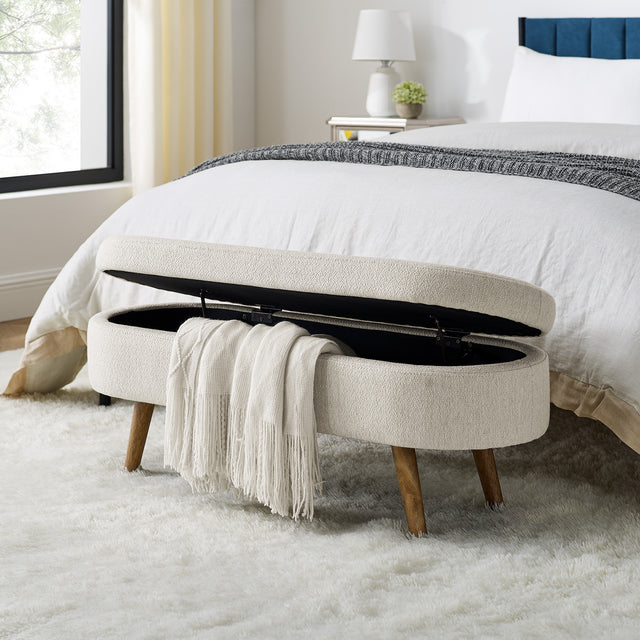 Ottoman Oval Storage Bench, Rubber Wood Legs, Beige(43.5“x16”x16“)
