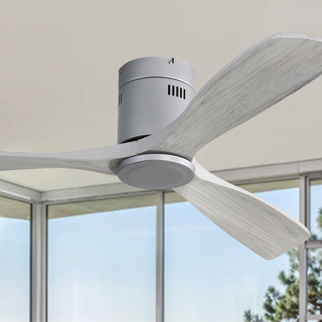 Low Profile Ceiling Fan DC 3 Carved Wood Fan Blade Noiseless Reversible Motor Remote Control Without Light
