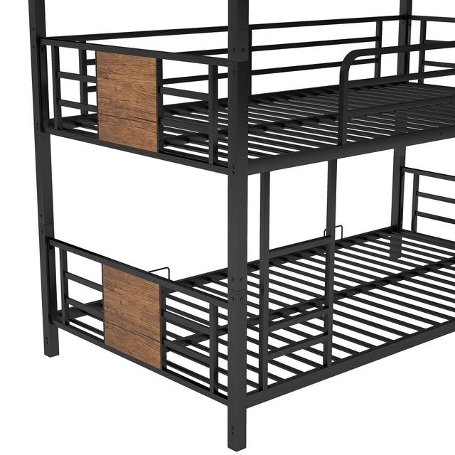 Twin Size Triple Metal Bunk Bed, with Wood Decoration Headboard and Footboard, Brown