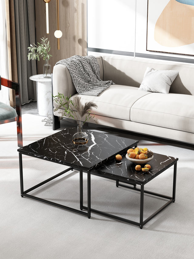 Modern Nesting Coffee Tables Set, Marble Black, 2pc, 31.5''L 31.5''W 17.72''H