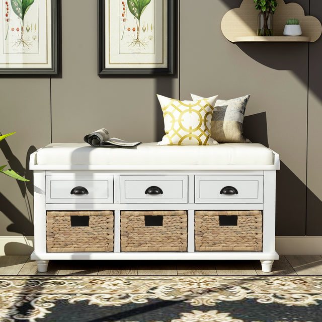 TREXM Rustic Storage Bench with 3 Drawers and 3 Rattan Baskets, Shoe Bench for Living Room, Entryway (White)