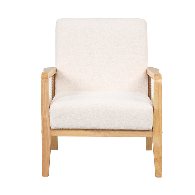 【EAT 3.10】Mid-Century Armchair Rattan Mesh Upholstered Accent Chair,Teddy Short Plush Particle Velvet Armchair for Living Room,Bedroom, Office, Studio,White