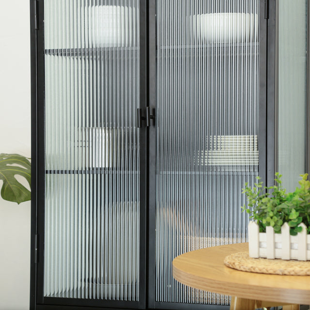 Retro Style Fluted Glass High Cabinet Storage Dual Doors Three Detachable Wide Shelves Enclosed Dust-free Storage for Living Room Bathroom Dining Room Kitchen Room Entryway,BLACK (OLD SKU:W68734128)
