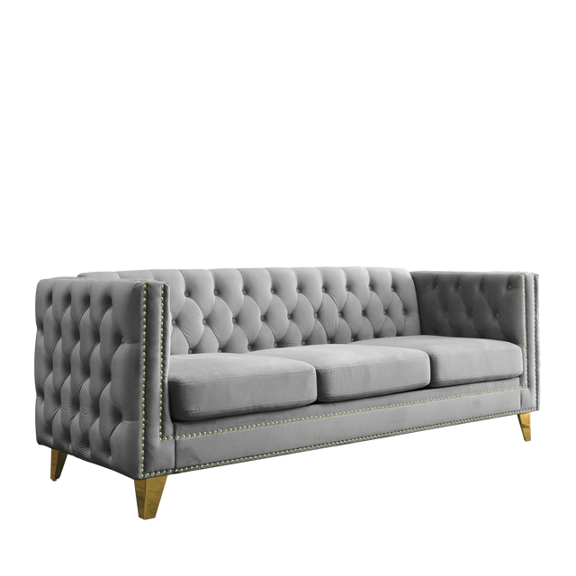 {Contact us for 3D modeling} Velvet Sofa for Living Room,Buttons Tufted Square Arm Couch, Modern Couch Upholstered Button and Metal Legs, Sofa Couch for Bedroom, Grey Velvet