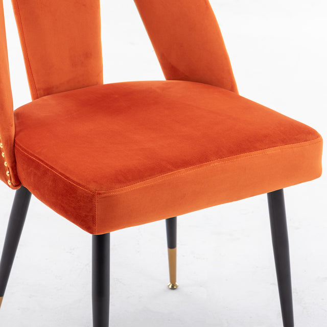 A&A Furniture,Akoya Collection Modern | Contemporary Velvet Upholstered Dining Chair with Nailheads and Gold Tipped Black Metal Legs, Orange,Set of 2