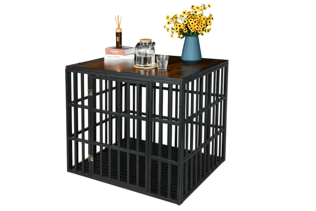 NEW HEAVY DUTY DOG CRATE FURNITURE FOR LARGE DOGS WOOD & STEEL DESIGN DOG CAGE INDOOR & OUTDOOR PET KENNEL 38X30X32INCH PET PLAYPEN WITH COVER METAL DOG FENCE CRATE BLACK