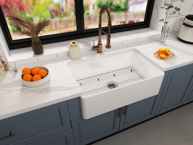 Fireclay Farmhouse Kitchen Sink 36 inch Single Bowl Apron Sink with Bottom Grid in & Drain , White Color