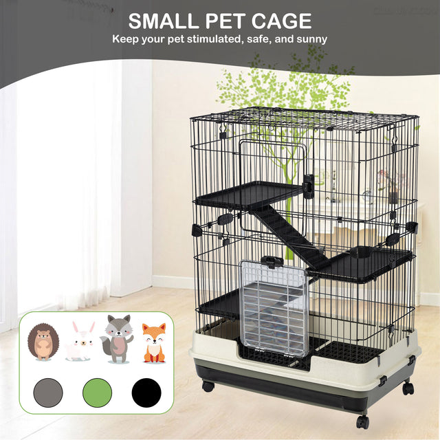 4-Tier 32"Small Animal Metal Cage Height Adjustable with Lockable Casters Grilles Pull-out Tray for Rabbit Chinchilla Ferret Bunny Guinea Pig Squirrel Hedgehog(BLACK)(=OLD SKU:W69133214)