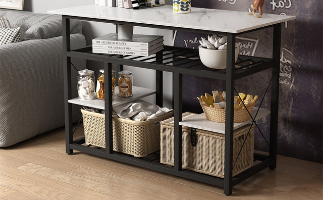 TOPMAX Multifunctional Counter Height Kitchen Dining Room Prep Table Kitchen Island, Kitchen Rack with Large Worktop, Console Side Table for Living Room, Faux Marble Tabletop