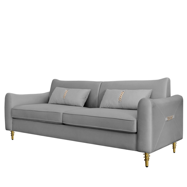 80.3" Modern Sofa Couch Upholstered Sofa Tufted Back Comfy Velvet Long Couch with 2 Pillows and Golden Legs for Living Room, Bedroom, Office, Apartment, Grey