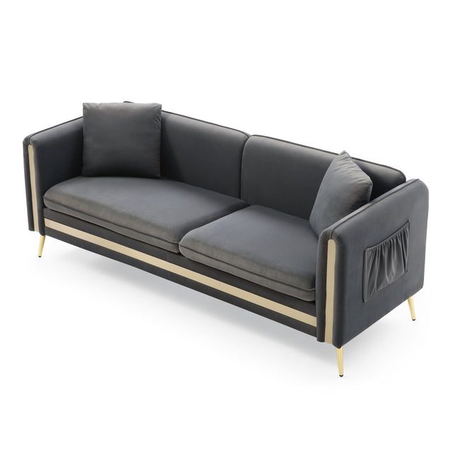 77.2” Modern Upholstered Velvet Sofa 3 Seater Couch with Removable Cushions Side Pocket Mid-Century Tufted Living Room Set Gold Metal Legs,2 Pillows Included,Grey