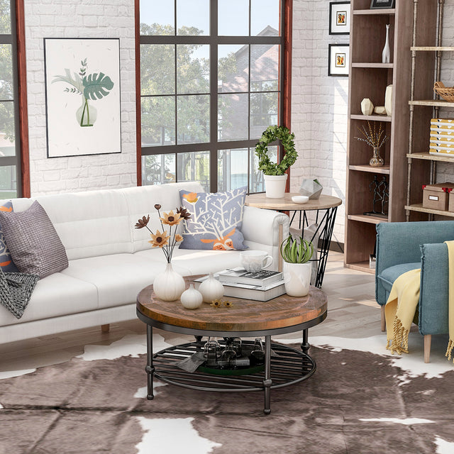 TREXM Rustic Natural Round Coffee Table with Storage Shelf for Living Room, Easy Assembly (Round)