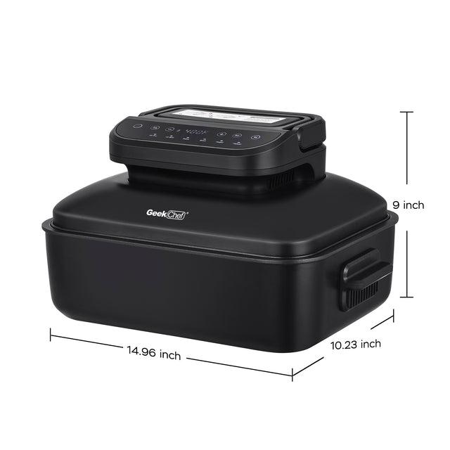 Geek Chef 7 In 1 Smokeless Electric Indoor Grill with Air Fry, Roast, Bake, Portable 2 in 1 Indoor Tabletop Grill & Griddle with Preset Function, Removable Non-Stick Plate, Air Fryer Basket, 6-Serving